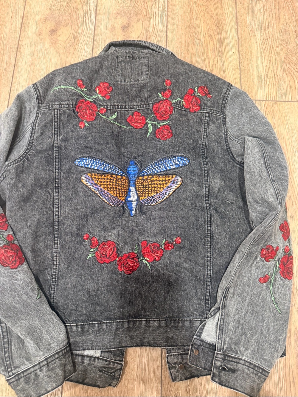 BDG Black Washed Denim Jacket with Red Rose Embroidery & Blue-Orange Moth